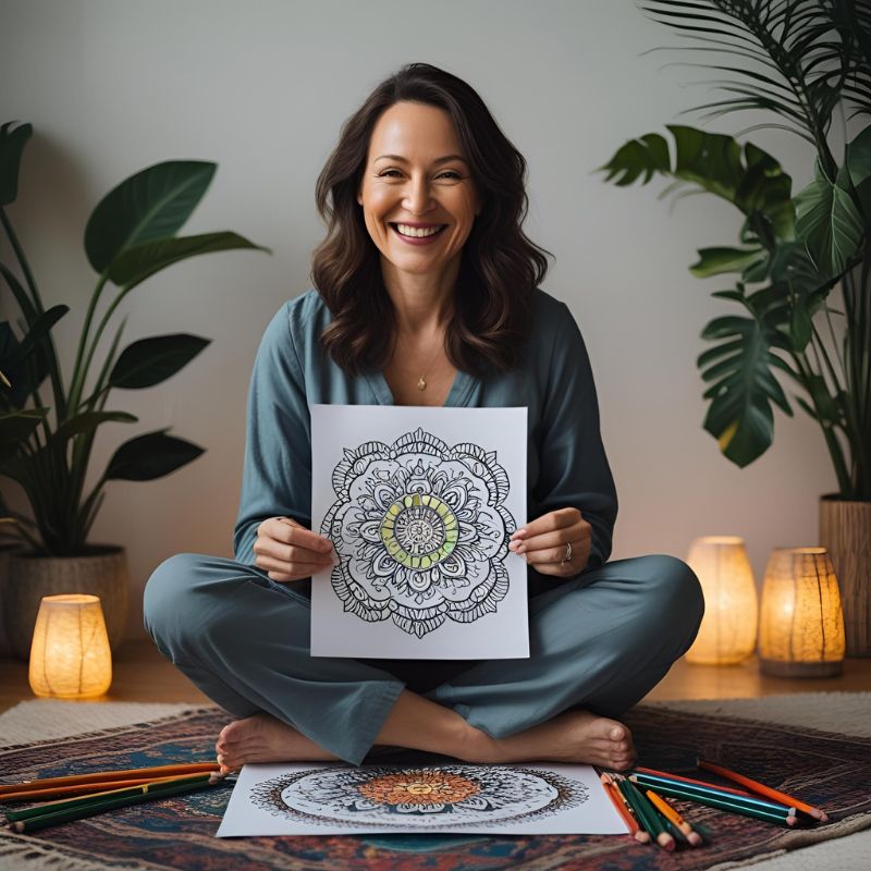 Adult woman enjoying a peaceful mandala coloring session at home