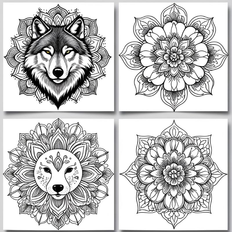 Various themed mandala coloring pages for adults including animals and flowers