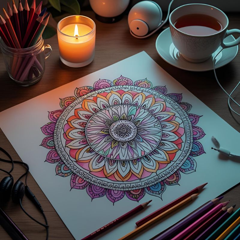 Peaceful coloring setup with finished mandala, tea, and ambient lighting