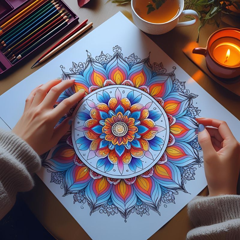Completed mandala coloring page with a person's hand resting on it, symbolizing calm and accomplishment