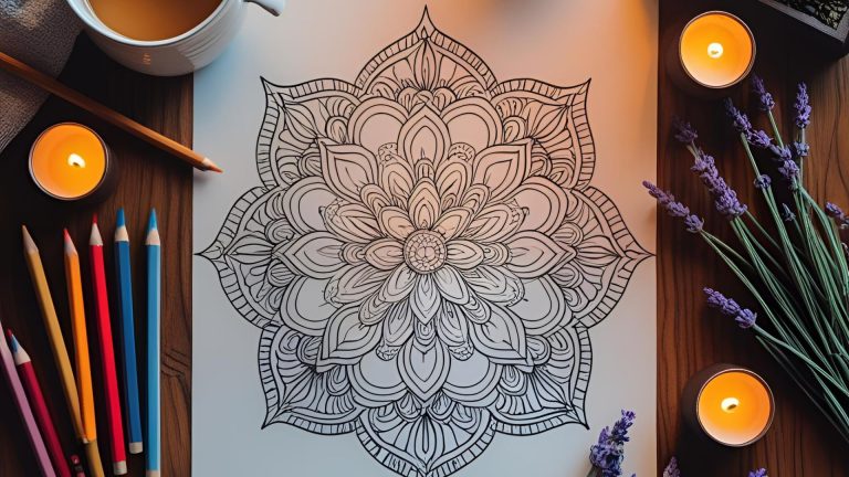 A calming flat lay of a mandala coloring page for adults with pencils, tea, and candlelight