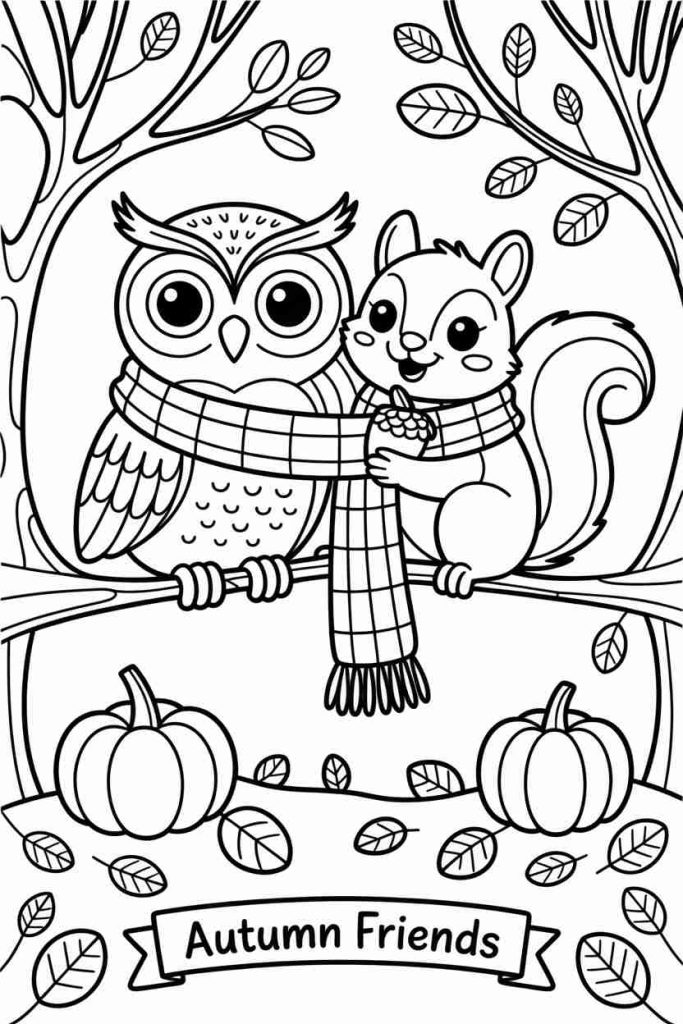 Owl and Squirrel Sharing Scarf Coloring Page