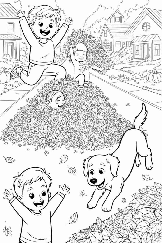 Kids Playing in Leaf Piles Coloring Page