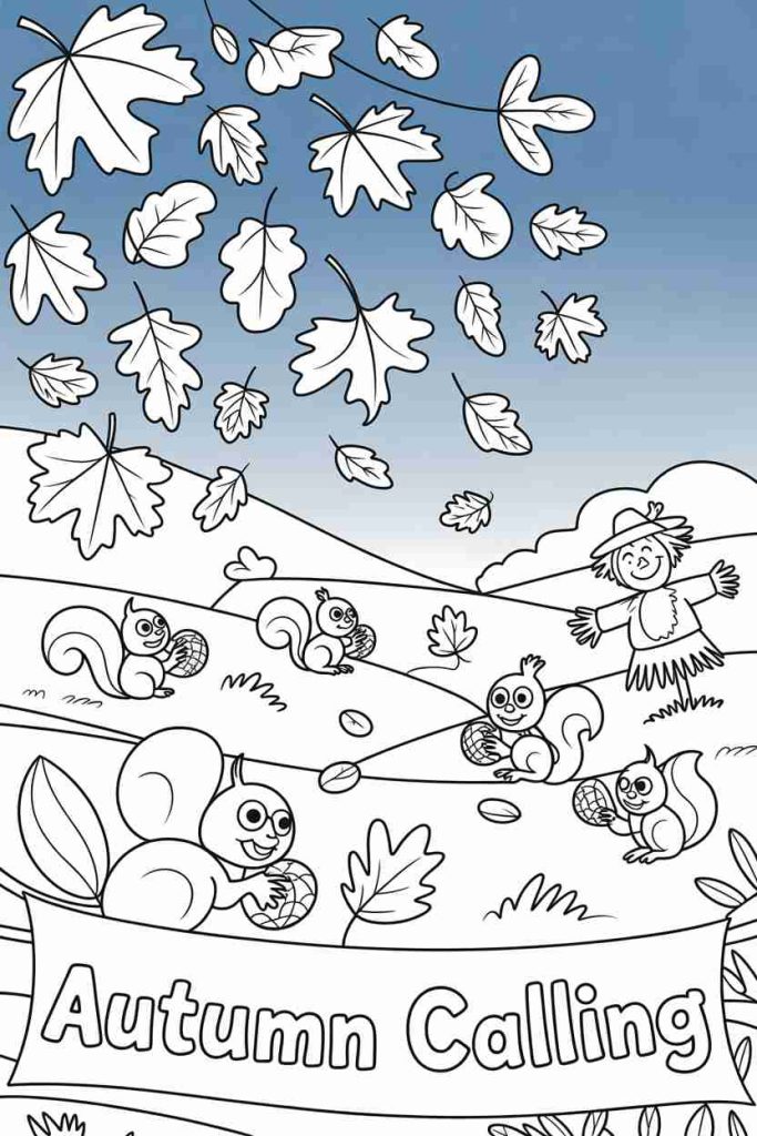 Halloween Ghost on Broom in Autumn Coloring Sheet