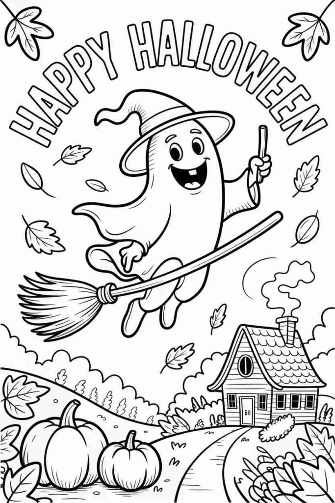 Autumn Ghost on Broom Coloring Sheet
