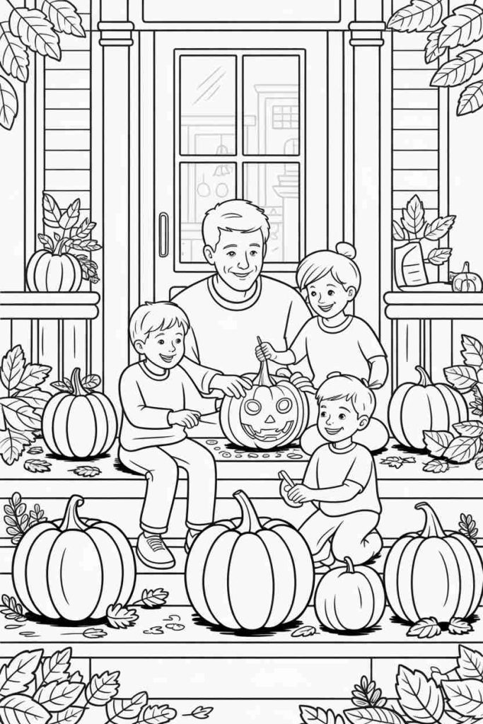 Family Pumpkin Carving on the Porch Coloring Sheet