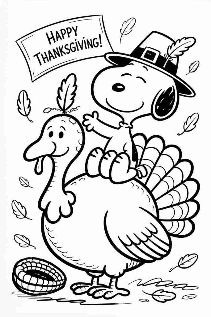 Thanksgiving Snoopy with Turkey Coloring Sheet