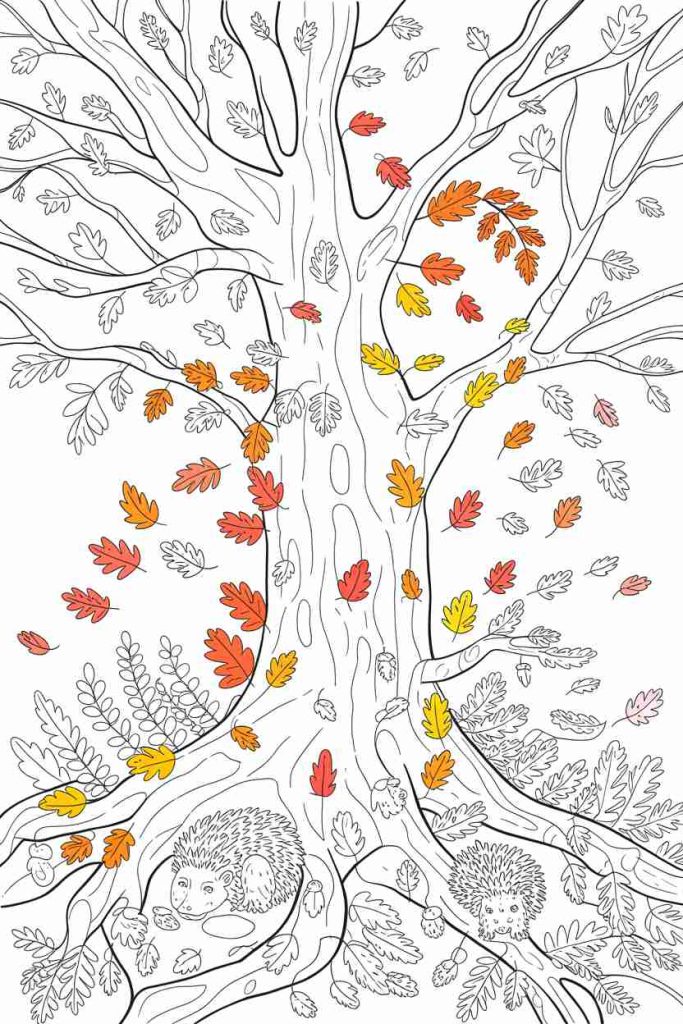Autumn Tree with Falling Leaves Coloring Sheet