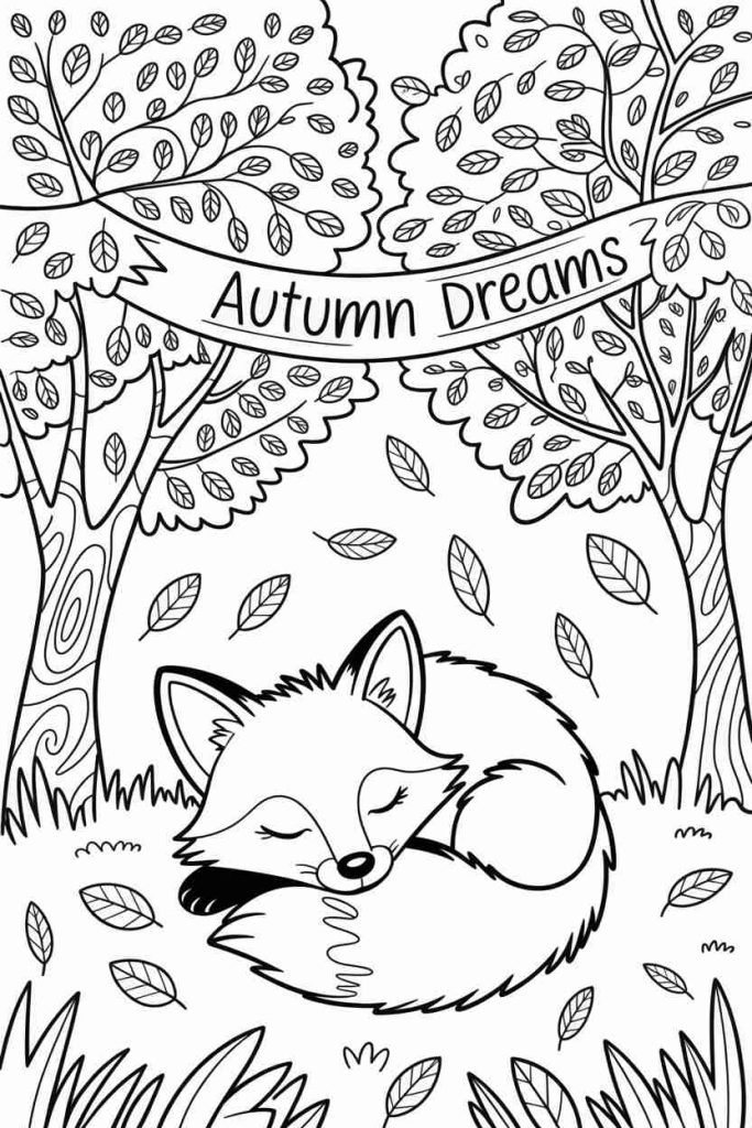 Relaxing Fox in Fall Forest Coloring Page