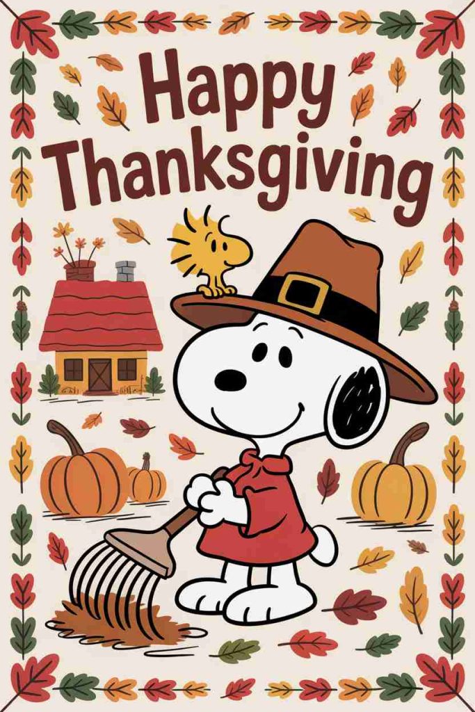 Happy Thanksgiving Fall Coloring Page with Snoopy and Woodstock